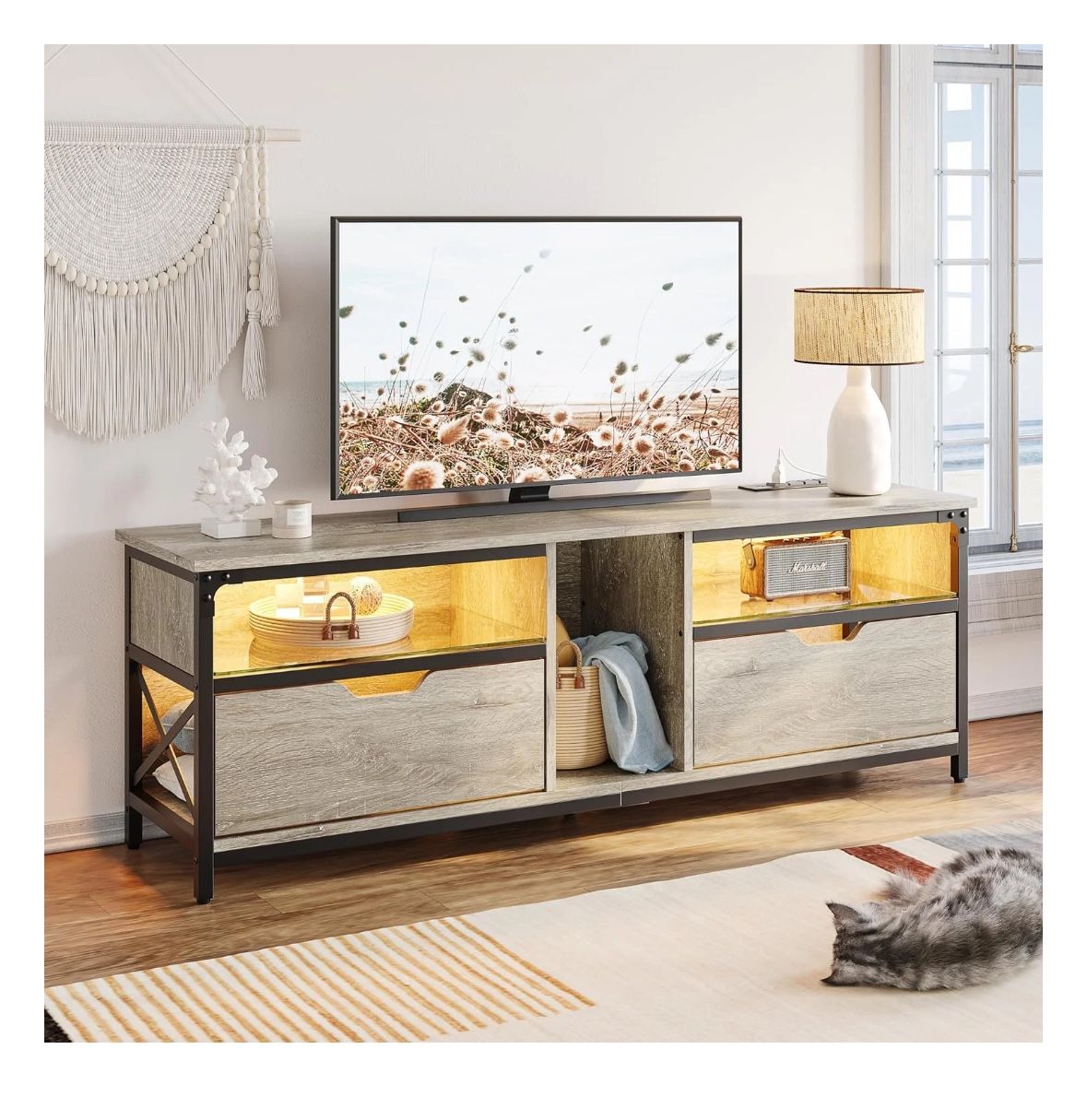 Bestier LED TV Stand for PS5 with Power Outlet and RGB Lights for 70 Inches TV, Modern Entertainment Center with Storage, TV Console with Glass Shelve