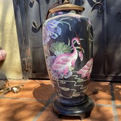 Black Chinoiserie Porcelain Hand Painted Cranes Birds Flowers Gorgeous Chines Table Lamp 