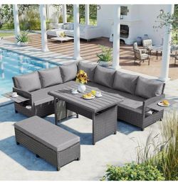 New-5-Piece Patio Furniture Sofa Set with 2 Extendable Side Tables, Sectional Outdoor Rattan Conversation Sectional, for Backyard, Poolside, Garden (G