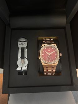 39MM Visionary Iced Ruby Stone Steel Band Watch - Rose Gold