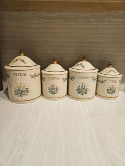Vintage Floral Ceramic Kitchen Canister Set (4 Pcs) - Flour, Sugar, Coffee, Tea