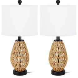 Coastal Table Lamps Set of 2, Retro Rattan Woven 24" Bedside Lamp, for Bedroom Living Room Home Nightstand Table Lamp(with USB C+A 5V 2.1A Charging Po