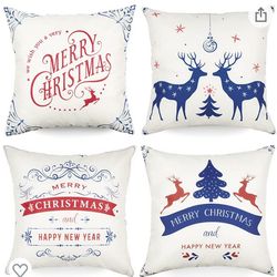 Joyhalo Christmas Pillow Covers Blue Throw Pillow Covers Cushion Case for Sofa Couch 18 x 18 4pk