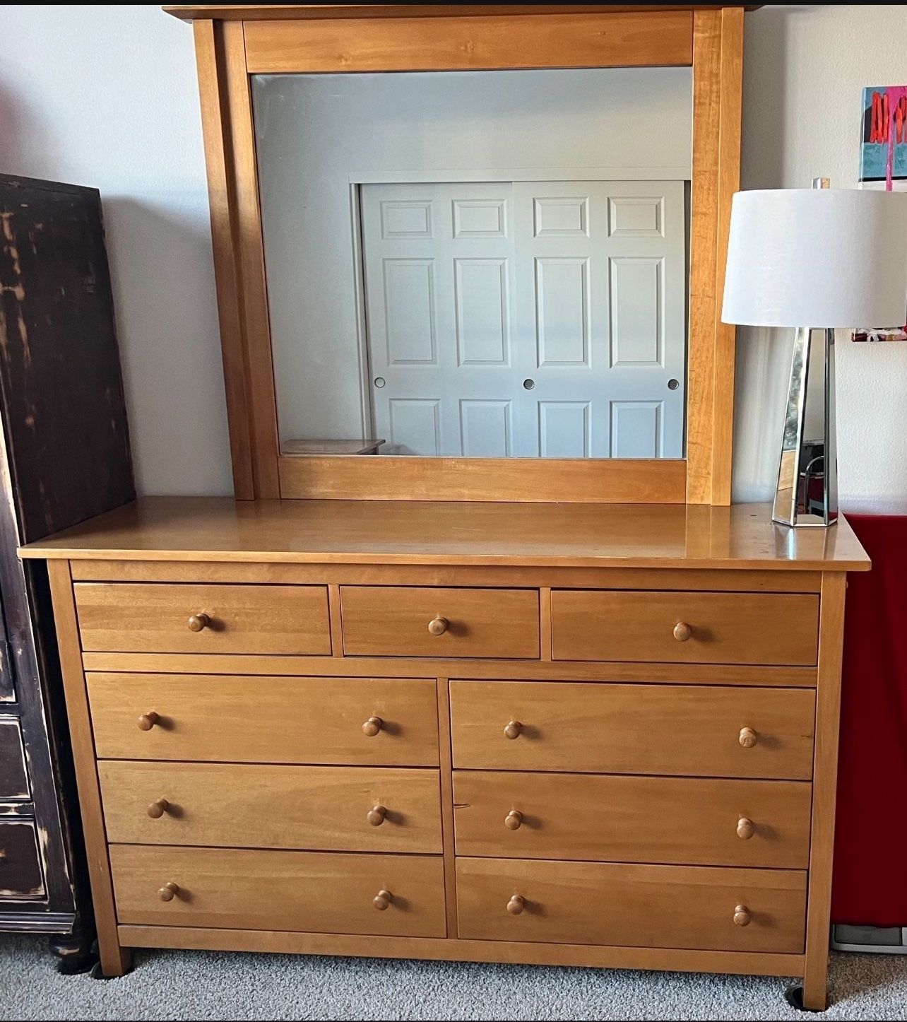Solid Maple Dresser & Mirror & Nightstand 