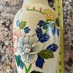 Hand painted Vintage Bone Floral Vase with blue pink and yellow flowers and Trimmed in Gold Base and Rim