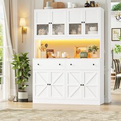 71" Pantry Cabinet with LED Light and Charging Station, Farmhouse Kitchen Pantry Cabinet with Microwave Stand, 47.2" Wide Kitchen Hutch Food Pantry wi