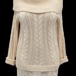Knox Rose Cream Knit Cowl Neck Lace Hem Sweater Size Large Chunky Cable Knit