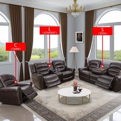 Brown Semi PU Synthetic Leather 3-Piece Couch Recliner Sofa Set