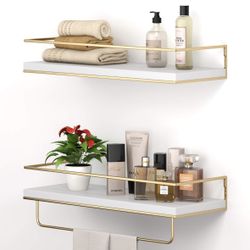 Shario White Floating Shelves - Set of 2, Wall Mounted Hanging Shelves with Golden Towel Rack, Decorative Storage Shelves for Bathroom, Kitchen, Livin