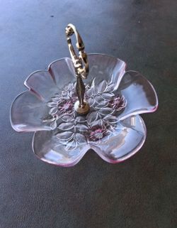 Vintage Pink Glass Embossed Floral Candy Dish Bowl
