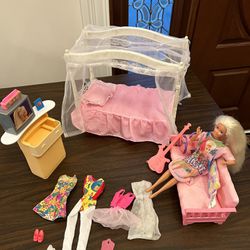 Vintage Barbie or same size doll, master canopy, bed, dresser, and sofa with Barbie doll and clothes