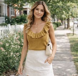 Madewell Wakeford ruffle merino wool blend mustard bronze lichen sweater top, size XXS