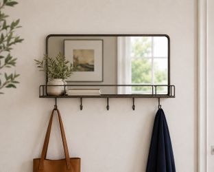Mirror With Hooks and Shelf