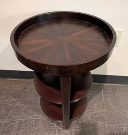 Rich Dark Wood Round Accent Table with Tiered Shelves and Detachable Tray