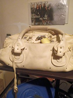 Cream Leather Studded Handbag with Lock