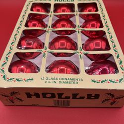 Vintage Christmas Holly Red Glass Ball Ornaments 12
