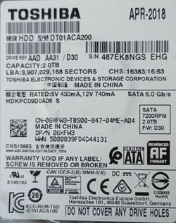 $65. Toshiba DT01ACA200 2TB Internal Hard Drive