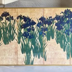 Framed Folding Screen Reproduction Painting  Of “Irises” By Ogata Kōrin