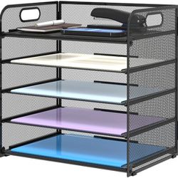 Supeasy 5 Trays Paper Organizer with Handle - Mesh Desk File/Letter Organizer,Black Paper Sorter for Office, Home or School