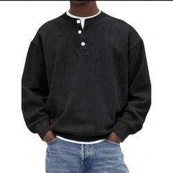 Men’s Ribbed Long Sleeve Henley Sweatshirt – Casual Button Neck Pullover