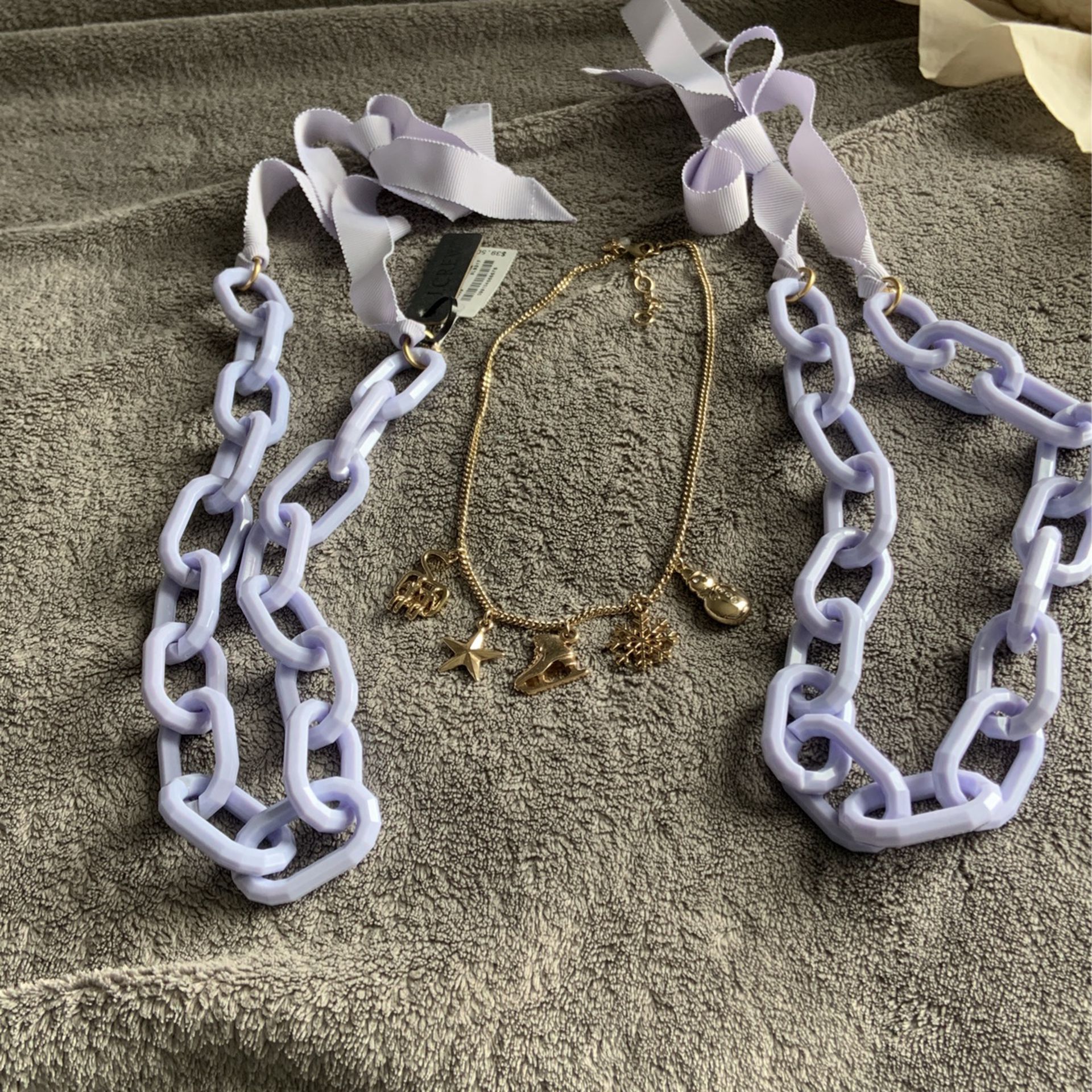 Jewelry. New J Crew New Necklaces. Lavender And Grosgrain Ribbon With Links And A Winter Ski  Charm Necklace$15 Each 