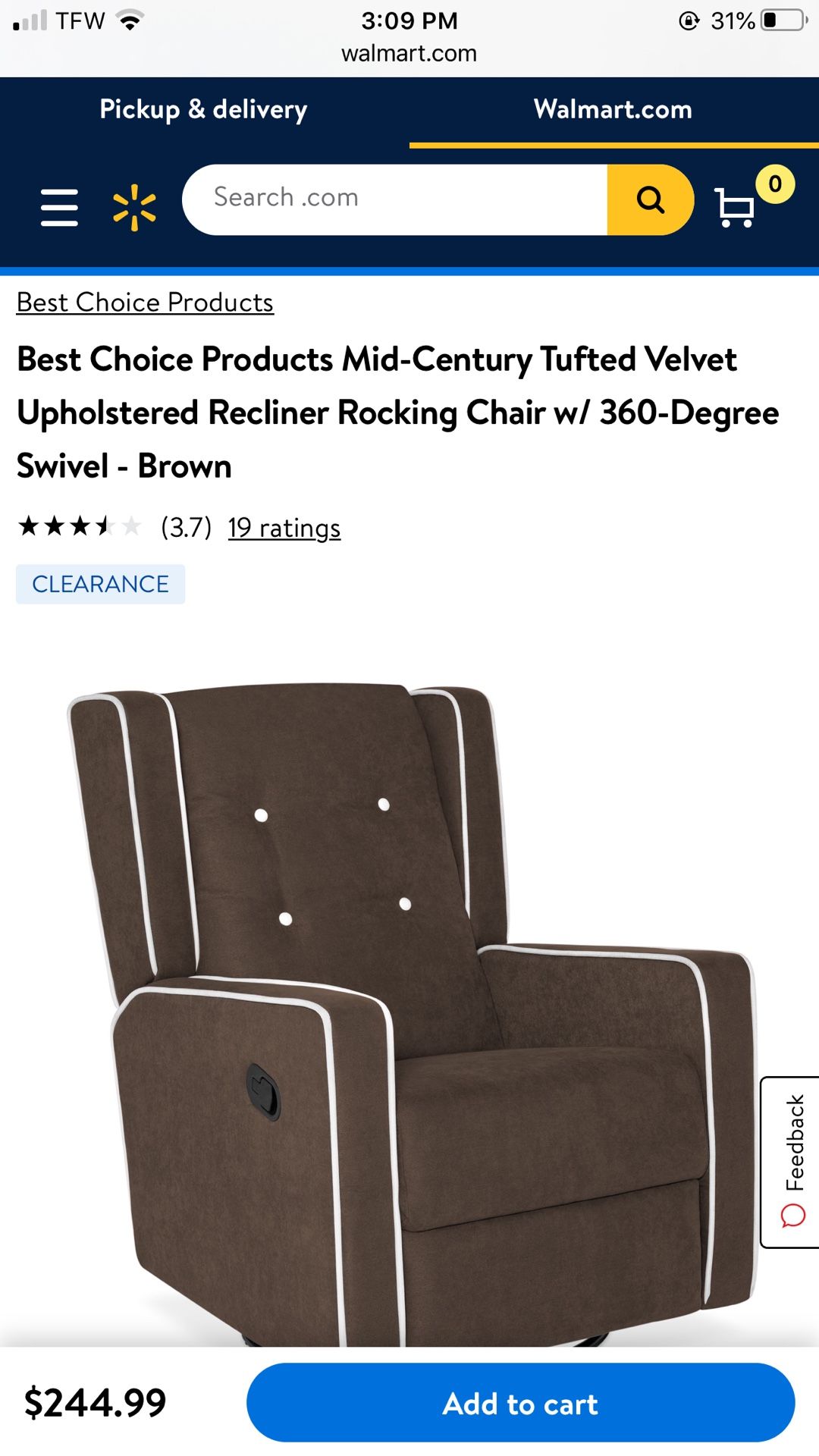 Brad new Mid-Century Tufted Velvet Upholstered Recliner Rocking Chair w/ 360-Degree Swivel - Brown