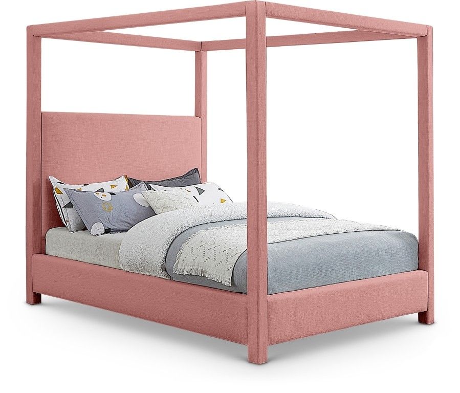 King Size Pink Linen Canopy Bed