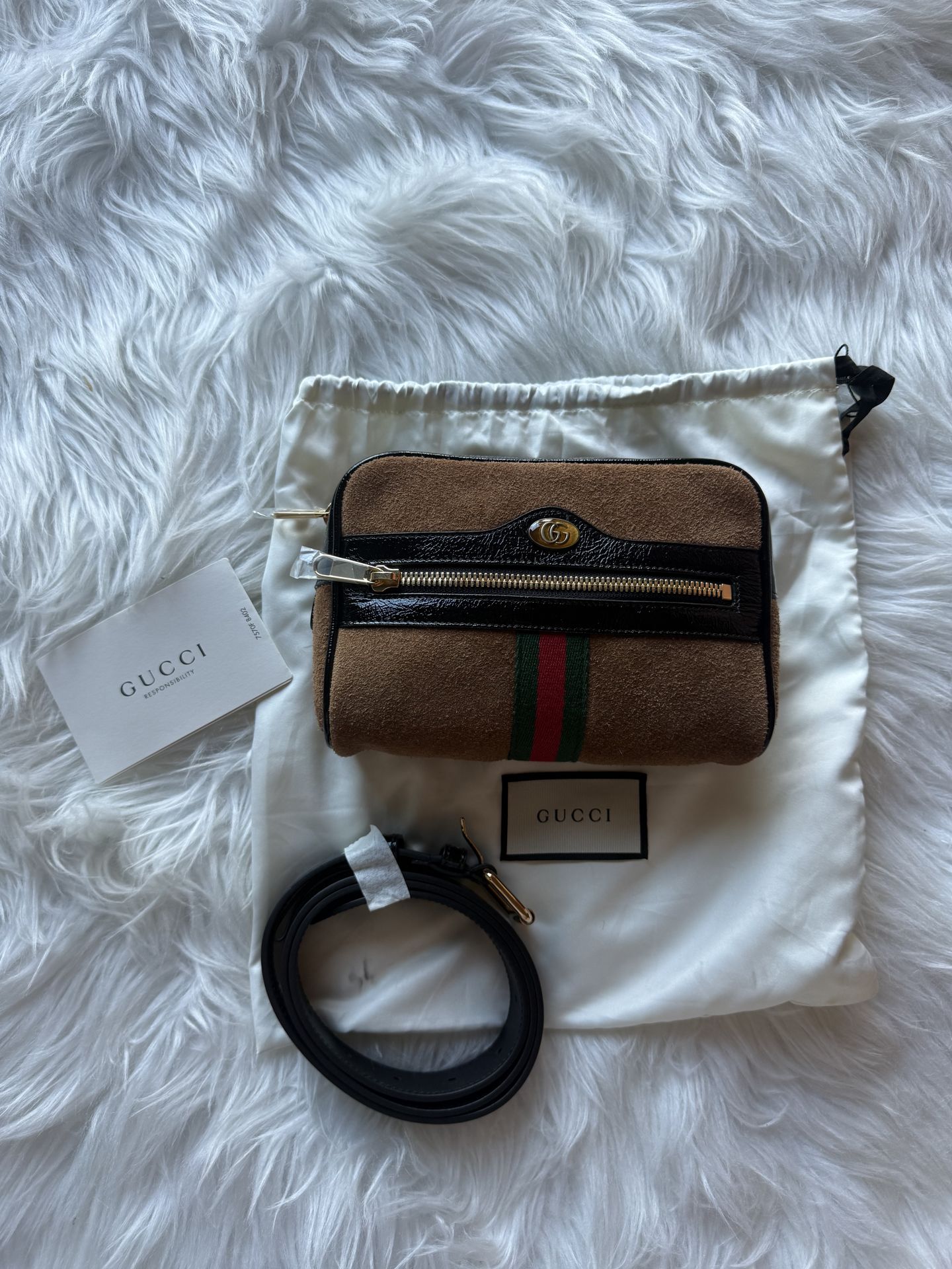 Authentic New Gucci Ophidia Small Belt Bag Brown Suede GRG Web GG Logo Bag Purse