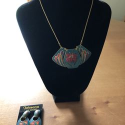 Cloisonné Turquoise Floral Clip earrings & Necklace Set - NEW