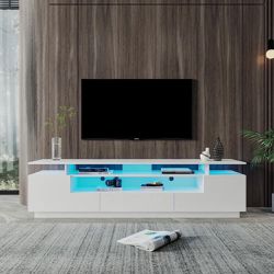 New Modern White TV Stand with 20-Color LED Lights and Remote Control