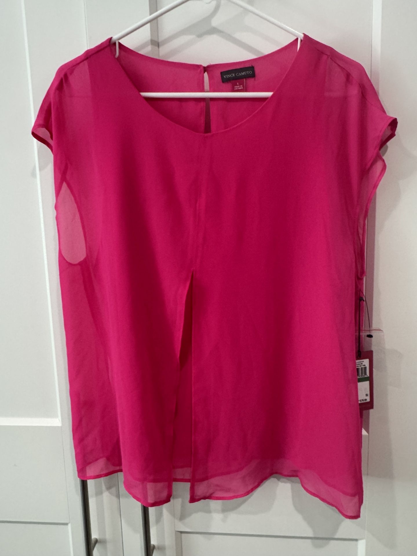 NWT Vince Camuto Pink Flutter Sleeve Overlay Bright Pink Top, Size L