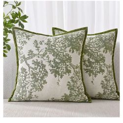 New decorative Floral Throw Pillow Covers Set of 2, 18x18 Soft Chenille Jacquard Tree Sage Green