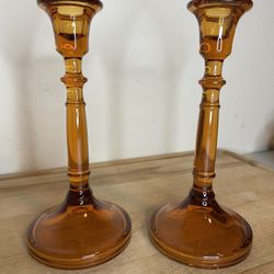 Pair of Cambridge Glass  Amber Candlestick Holders 8.5" Tall