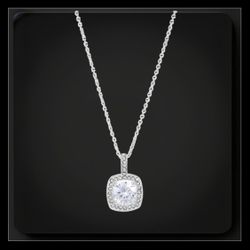 NEW Silver Tone Cubic Zirconia Cushion Cut Halo Pendant Necklace Square Pendant