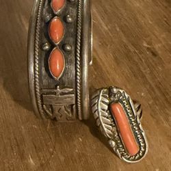 Vintage Silver And Coral Southwest Bracelet And Ring