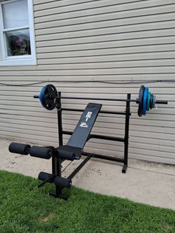 OLYMPIC BENCH ,7FT BAR ,CLIPS, RUBBER COATED WEIGHTS