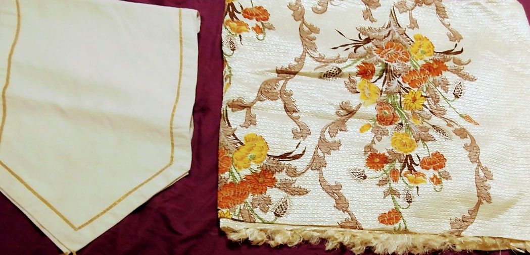 Ivory Silk Bedspread With Flower Design And Table Runner With Gold Trim.
