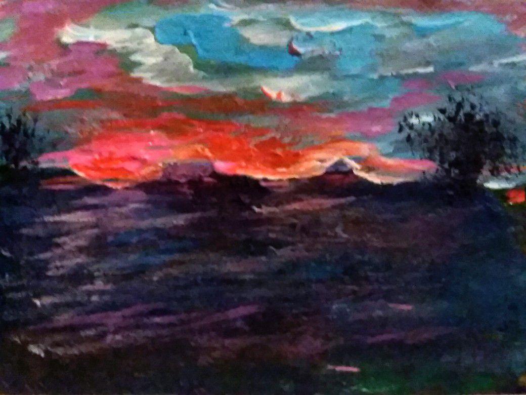 BARBARA HOYT "SUNSET IN SHIRO TEXAS" ORIGINAL PAINTING, BEAUTIFUL ACEO MINIATURE GOUACHE LANDSCAPE, HIGHLY COLLECTABLE ARTIST, SIGNED