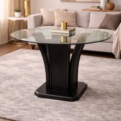 Modern Round Glass Dining Table with Black Pedestal Base