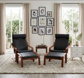 2 IKEA Poang Leather Chairs with Ottoman