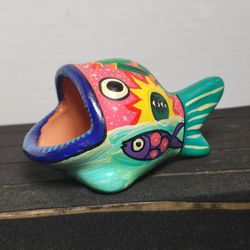 Vtg Mexican Folk Art Clay Pottery Fish Sponge Holder Planter Multicolor 