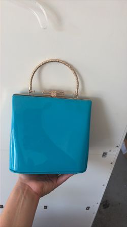 Teal Patent Box Clutch with Gold Handle