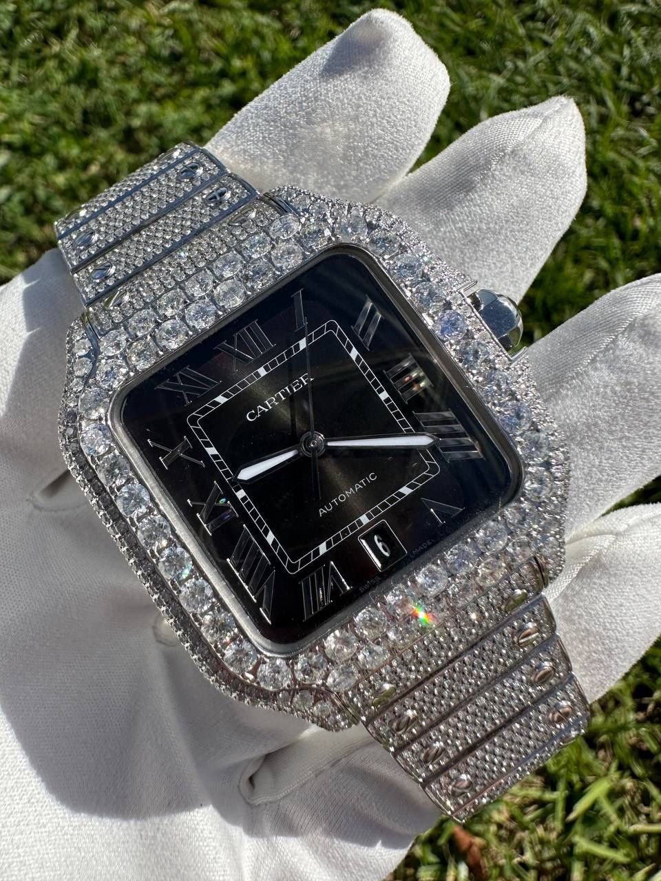 Cartier Santos Large Green dial diamond set watch Bussdown iced out ...