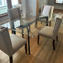 Beveled Edge Glass Table , Wood Base, Small Crack On The Corner 