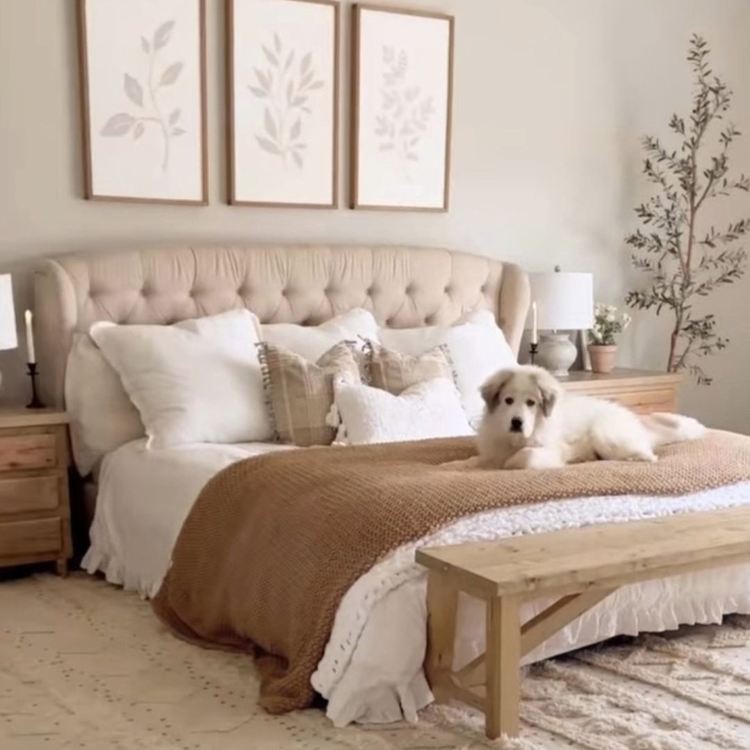 Beige Queen Size Bed - Elegant Soft Linen Tufted Platform Bed