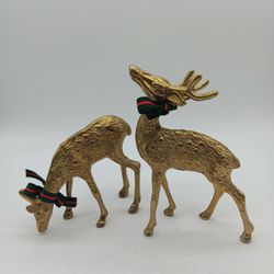 Vintage Gold Solid Brass Deer Doe Stag Buck Animal Figurines Set of 2 Decor 