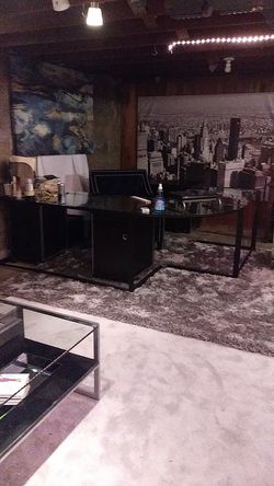 HUGE glass L-shape office desk.