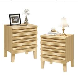 Solid Wood Nightstand Set of 2, 19.7" W Boho Nightstand with 2 Drawers, Fluted Wood Night Stand, Mid Century Modern Bed Side Table for Bedroom,Living 