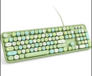 Brandnew Wired Computer Keyboard - Blue Colorful Retro Full Size Round Keycaps Plug and Play Typewriter Cute Keyboards for Windows, Laptop, PC, Deskto