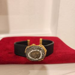 Brand New Adjustable Black Leather Gemstone Bracelet